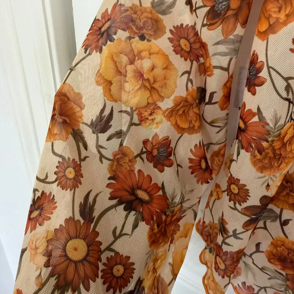 Floral Print V Neck Long Sleeve Bow Tie Front Sheer Blouse Top